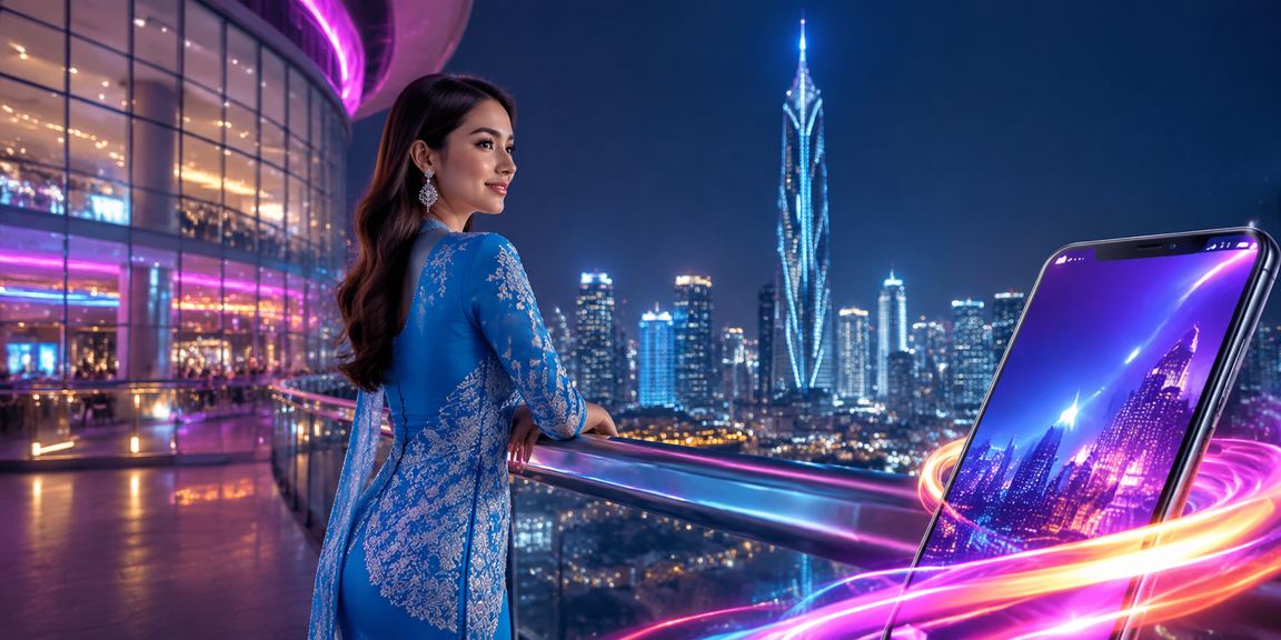 Wanita berpakaian baju kurung menggunakan telefon untuk akses kasino dan pertaruhan kriket di Kuala Lumpur